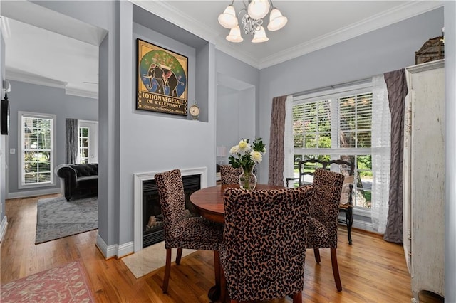 dining room featuring crown molding, light wood-type flooring, a healthy amount of sunlight, and an inviting chandelier