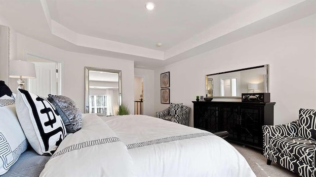 carpeted bedroom with a raised ceiling