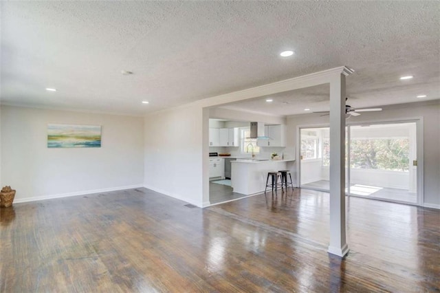 unfurnished living room with a textured ceiling, dark hardwood / wood-style floors, ceiling fan, and sink