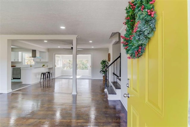 entrance foyer with ceiling fan, dark hardwood / wood-style flooring, and a textured ceiling