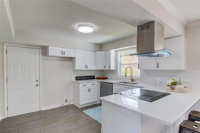 kitchen with island exhaust hood, kitchen peninsula, sink, dishwasher, and white cabinetry