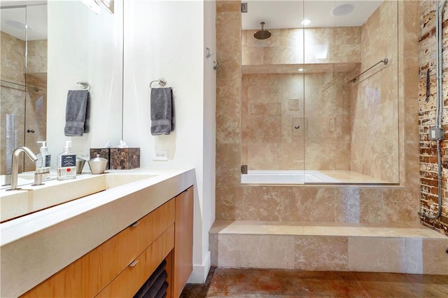 bathroom featuring tile flooring, plus walk in shower, and vanity