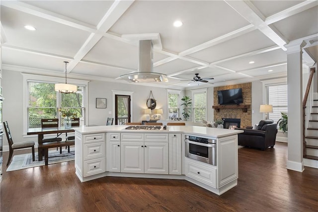 kitchen with coffered ceiling, a ceiling fan, stainless steel appliances, and a fireplace