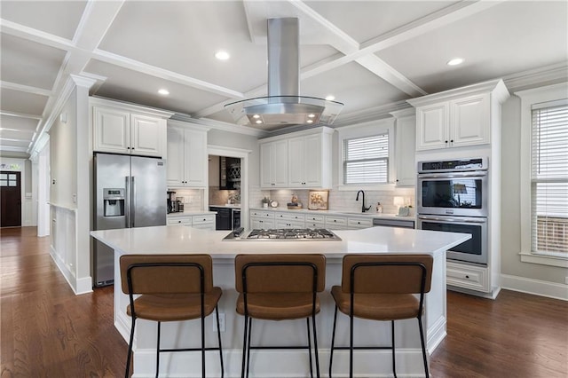 kitchen featuring stainless steel appliances, backsplash, a kitchen breakfast bar, and island exhaust hood