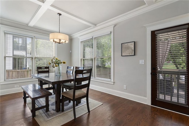 dining area featuring crown molding, coffered ceiling, an inviting chandelier, and baseboards