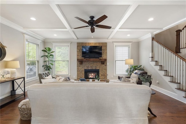 living area featuring ceiling fan, coffered ceiling, dark wood-style floors, and baseboards
