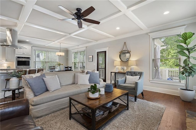 living area with baseboards, a ceiling fan, coffered ceiling, and dark wood-type flooring