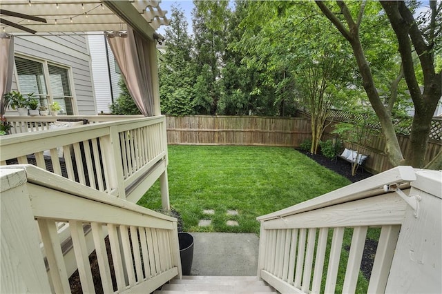 view of yard with a fenced backyard and a wooden deck