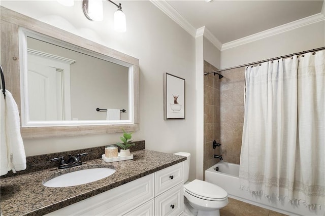 bathroom with crown molding, vanity, toilet, and shower / tub combo with curtain