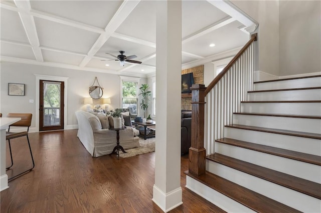 living room with dark wood-style flooring, stairway, a fireplace, ceiling fan, and coffered ceiling