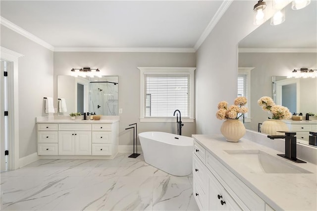 bathroom featuring a sink, a stall shower, two vanities, a freestanding tub, and marble finish floor