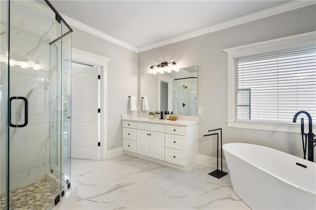 full bathroom with a soaking tub, crown molding, baseboards, a marble finish shower, and vanity