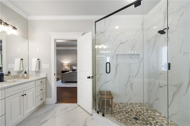 full bathroom featuring marble finish floor, ornamental molding, ensuite bathroom, vanity, and a marble finish shower