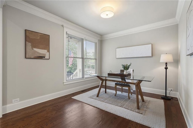 home office with dark wood finished floors, baseboards, ornamental molding, and visible vents
