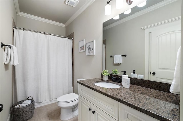 bathroom with vanity, toilet, crown molding, visible vents, and tile patterned flooring