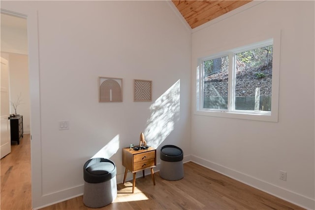 269 Clarice Ln, Sautee Nacoochee, GA 30571 - sitting room featuring wood ceiling, vaulted ceiling, baseboards, and light wood-style floors