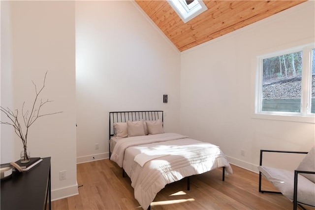 269 Clarice Ln, Sautee Nacoochee, GA 30571 - bedroom with wood ceiling, baseboards, lofted ceiling with skylight, and light wood finished floors