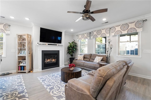 living room with ornamental molding, ceiling fan, and light wood-type flooring