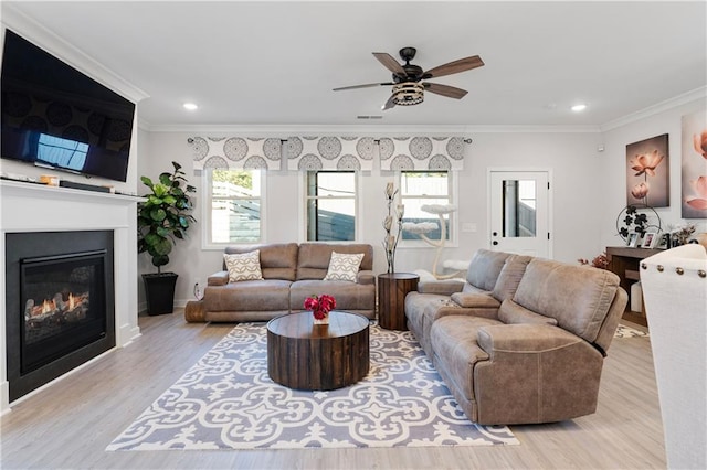 living room featuring crown molding, ceiling fan, and light hardwood / wood-style floors