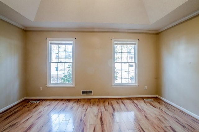 unfurnished room featuring vaulted ceiling, light hardwood / wood-style flooring, a healthy amount of sunlight, and crown molding