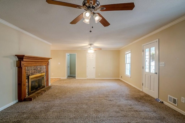 unfurnished living room with a fireplace, light colored carpet, and crown molding