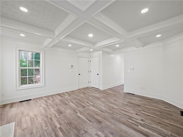 6333 Horizon Dr, Flowery Branch, GA 30542 - empty room with wood finished floors, beam ceiling, recessed lighting, baseboards, and coffered ceiling