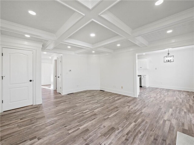6333 Horizon Dr, Flowery Branch, GA 30542 - unfurnished living room with wood finished floors, a chandelier, beam ceiling, baseboards, and recessed lighting