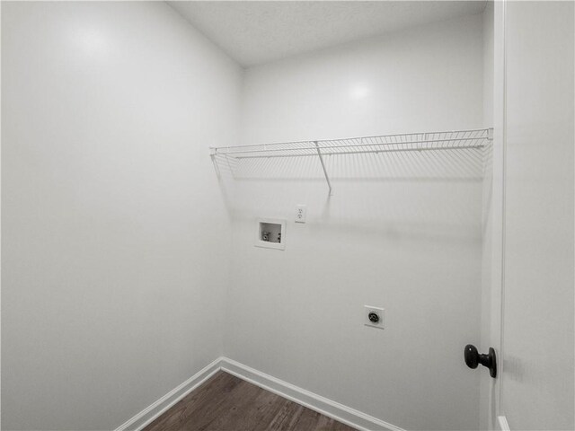 6333 Horizon Dr, Flowery Branch, GA 30542 - laundry room with hookup for an electric dryer, hookup for a washing machine, baseboards, and dark wood-style floors