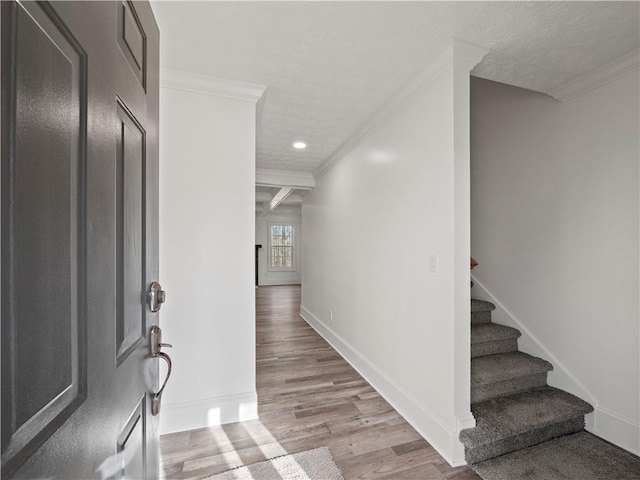 6333 Horizon Dr, Flowery Branch, GA 30542 - foyer entrance featuring crown molding, light wood-type flooring, stairs, baseboards, and recessed lighting