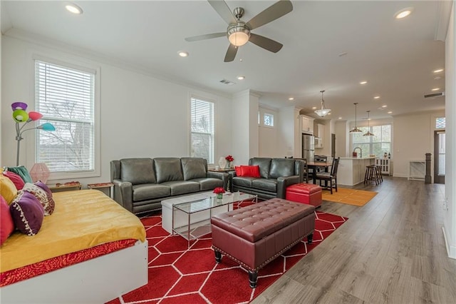 living area featuring wood finished floors, plenty of natural light, and ornamental molding