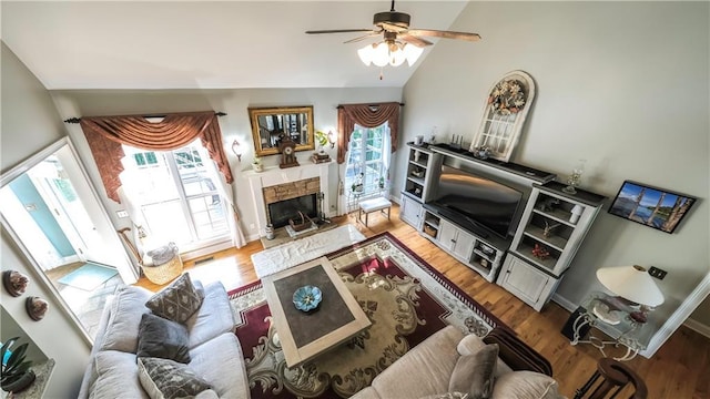 9742 Fallview Ct, Villa Rica, GA 30180 - living area featuring wood finished floors, ceiling fan, plenty of natural light, a fireplace, and vaulted ceiling