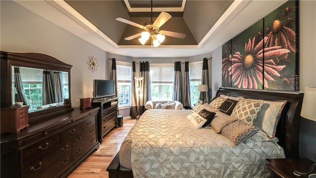 9742 Fallview Ct, Villa Rica, GA 30180 - bedroom featuring a tray ceiling, light wood-style floors, vaulted ceiling, a ceiling fan, and ornamental molding