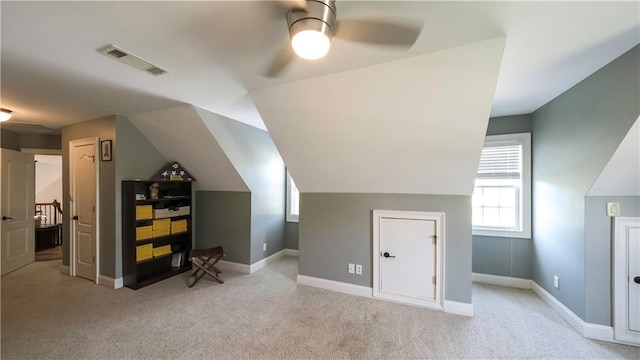9742 Fallview Ct, Villa Rica, GA 30180 - additional living space with ceiling fan, light carpet, healthy amount of natural light, and lofted ceiling