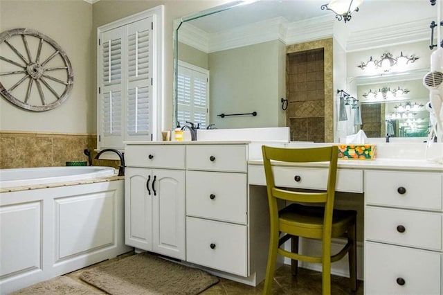 full bath featuring ornamental molding, a bath, vanity, a tile shower, and tile patterned floors