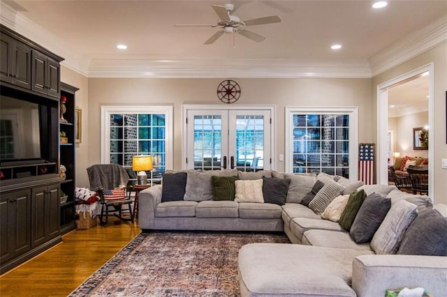 living room featuring dark wood finished floors, ceiling fan, crown molding, french doors, and recessed lighting