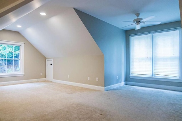 bonus room featuring carpet floors, baseboards, lofted ceiling, a ceiling fan, and recessed lighting