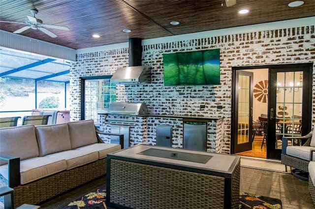 living room featuring a ceiling fan, french doors, and recessed lighting