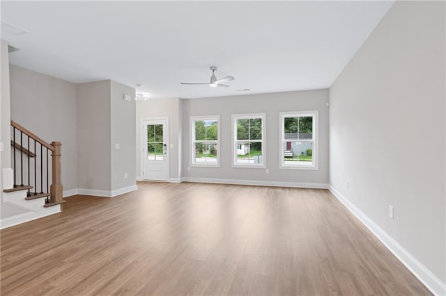 unfurnished living room with ceiling fan and light wood-type flooring