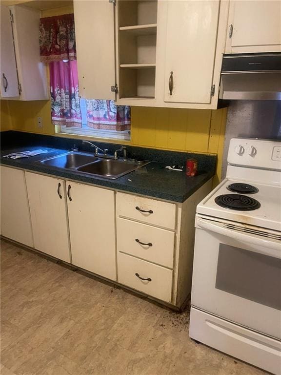 914 Bowden St, Savannah, GA 31415 - kitchen with electric range, under cabinet range hood, a sink, open shelves, and white cabinetry