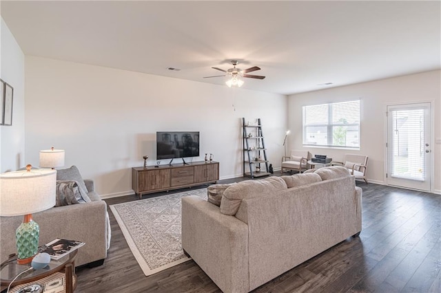2010 Vidalia Ct, Dacula, GA 30019 - living area with dark wood-type flooring, ceiling fan, and baseboards