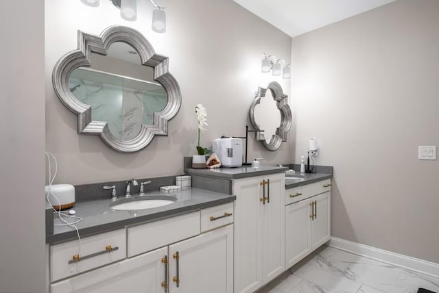 623 Brennan Dr, Decatur, GA 30033 - full bathroom featuring marble look tile flooring, double vanity, and baseboards