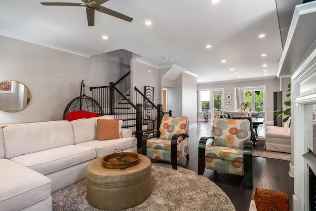623 Brennan Dr, Decatur, GA 30033 - living area featuring ornamental molding, wood finished floors, recessed lighting, ceiling fan, and stairway