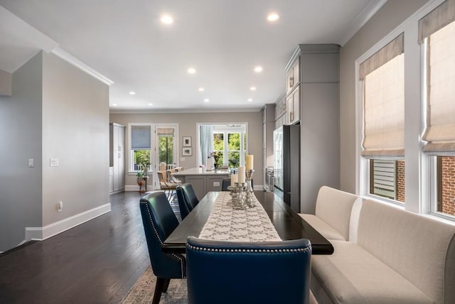 623 Brennan Dr, Decatur, GA 30033 - dining area featuring baseboards, recessed lighting, dark wood finished floors, and ornamental molding