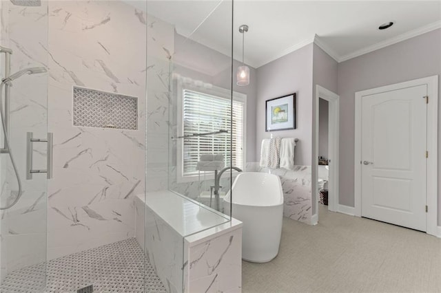 full bathroom featuring a marble finish shower, a freestanding bath, and ornamental molding