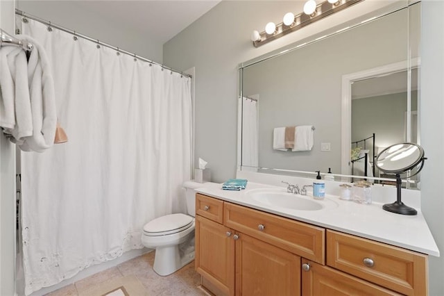 bathroom with toilet, tile patterned floors, vanity, and a shower with shower curtain