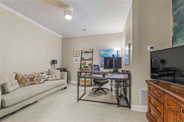 office with light carpet, crown molding, and baseboards