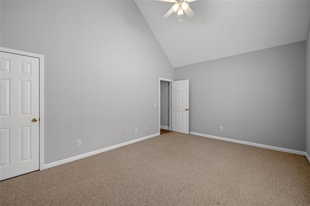 unfurnished bedroom with ceiling fan, high vaulted ceiling, and carpet