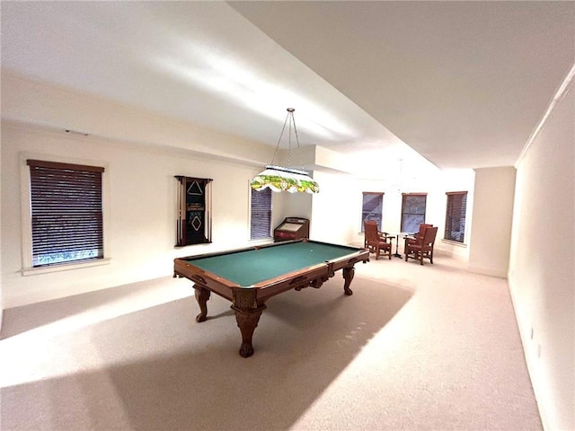 rec room featuring pool table and carpet flooring