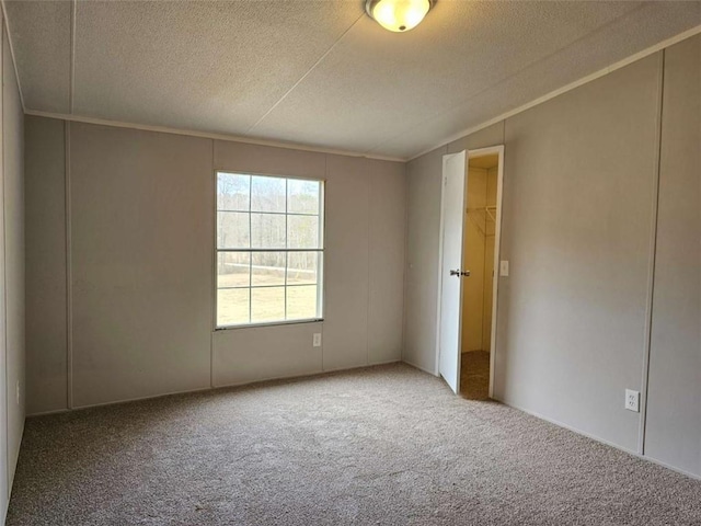 carpeted empty room featuring a textured ceiling and crown molding