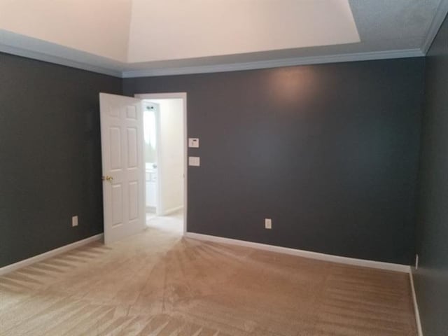 empty room with crown molding, baseboards, and carpet